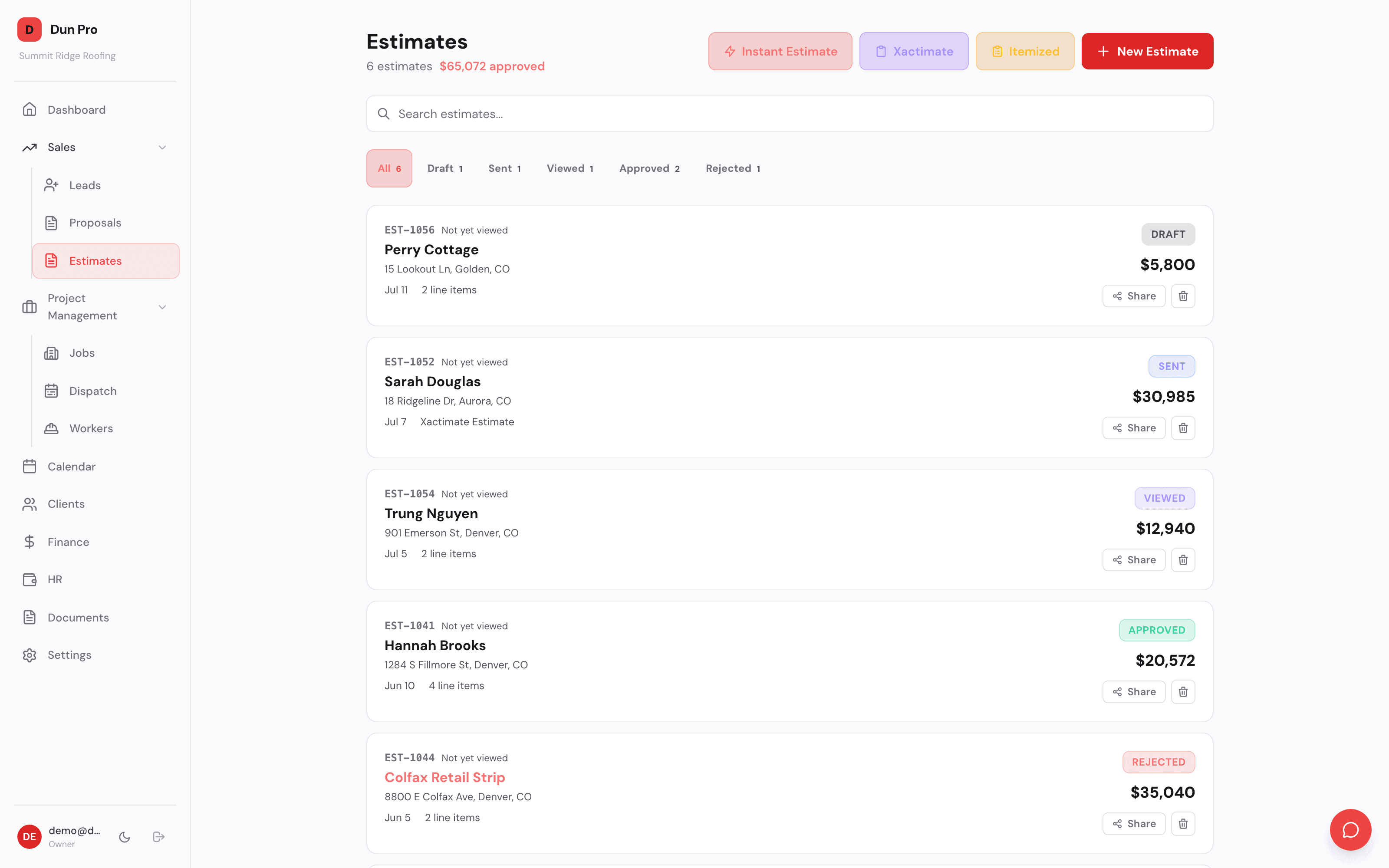 Dun Pro estimates list